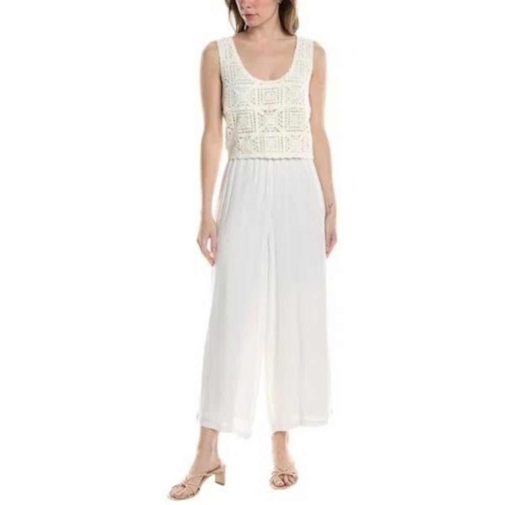 Three Dots‎ White Gauze Sleeveless Jumpsuit Crochet Overlay Women's Size Medium